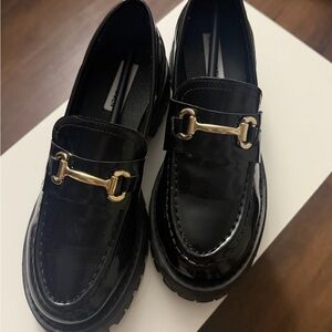 Steve Madden Black Patent Loafers with Gold Accent